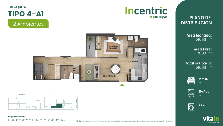 Plano Tipo 4 - A1 — Edificio Incentric, 59.88 m²