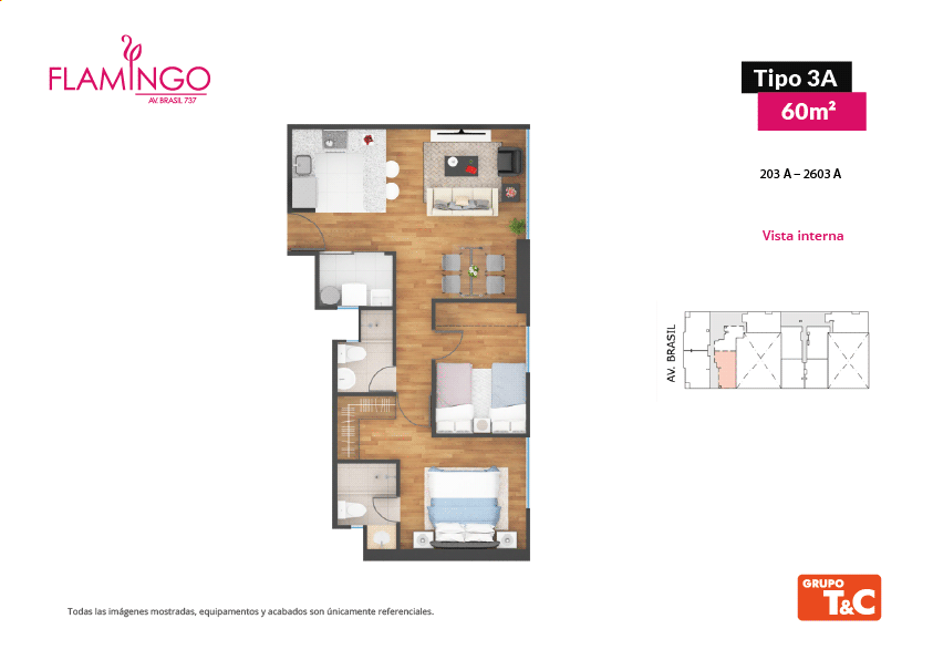 Plano TIPO 3 A — Flamingo, 60.01 m²